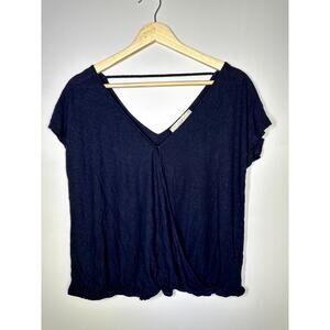 LOFT Linen Blend V-Neck Crossover Blouse, Navy Blue, M
